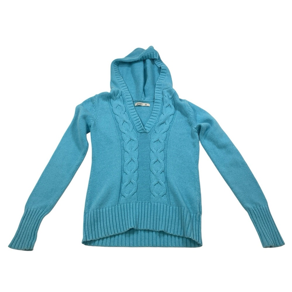Old Navy Cable Knit Hoodie Sweater Womens XS Turquoise V Neck Cotton Blend